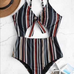 ZAFUL pinstripe one piece cutout bow tie swimsuit